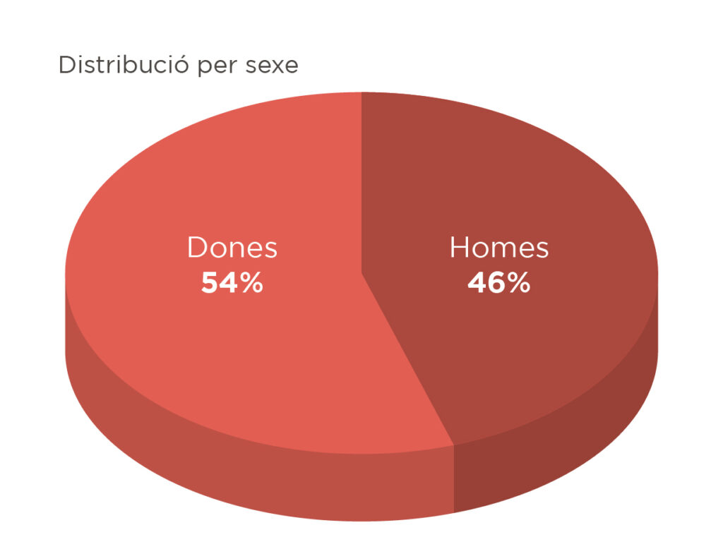 Gràfic de la distribució per sexe de la llista electoral de les eleccions municipals 2023: 54% dones i 46% homes