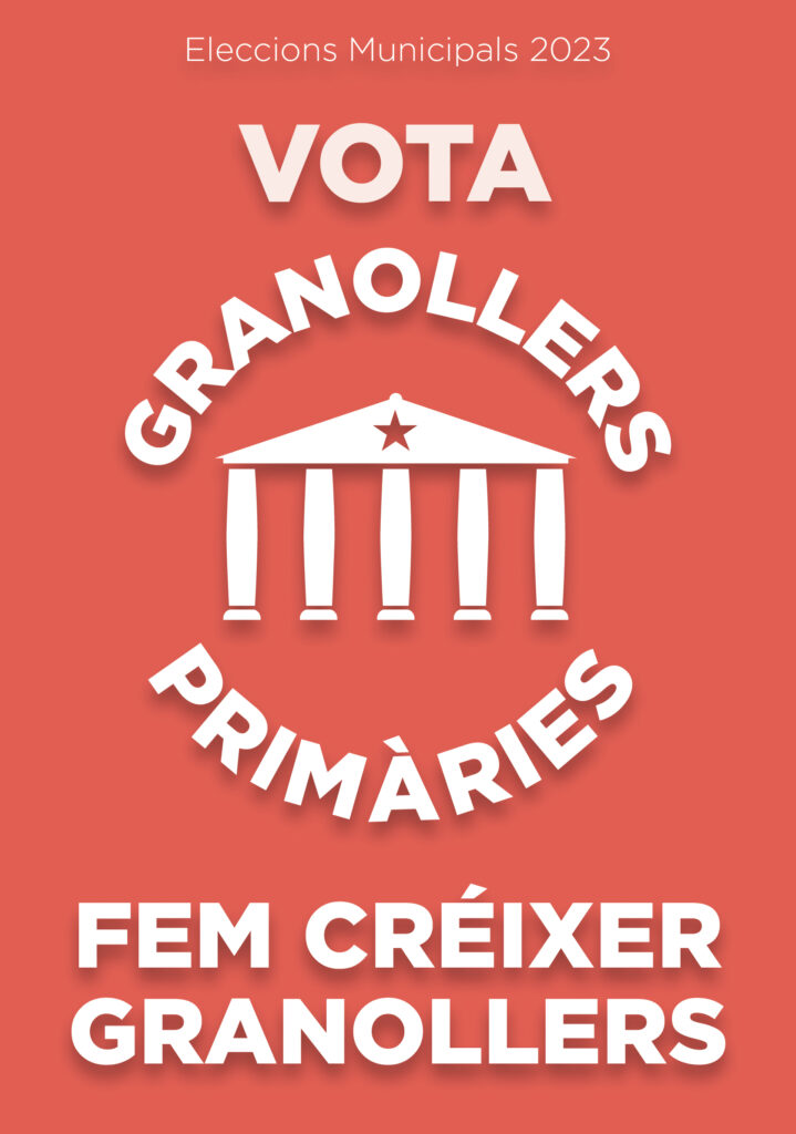 Cartell electoral color corall amb el logo de Granollers Primàries per a les Eleccions Municipals 2023